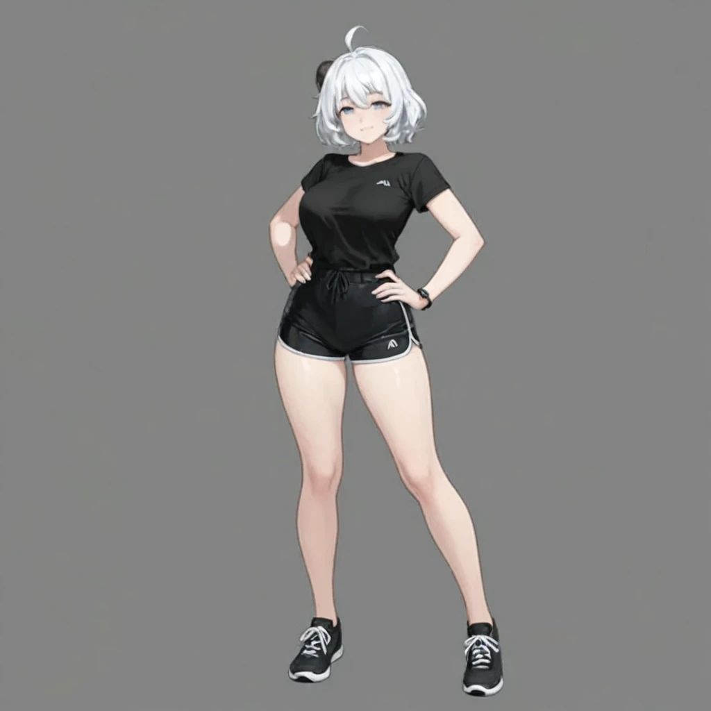 ((8K resolution))、((highest quality))、((masterpiece))、((Very detailed))、 (Anatomically correct)、((theme、whole body:1.1)), one person、girl、blush、Disgusting、(A slim but muscular body,Toned arms, Long, slender legs,),((hair:Short Bob、Inner Color)),(Grey sports bra、gray sports shorts)