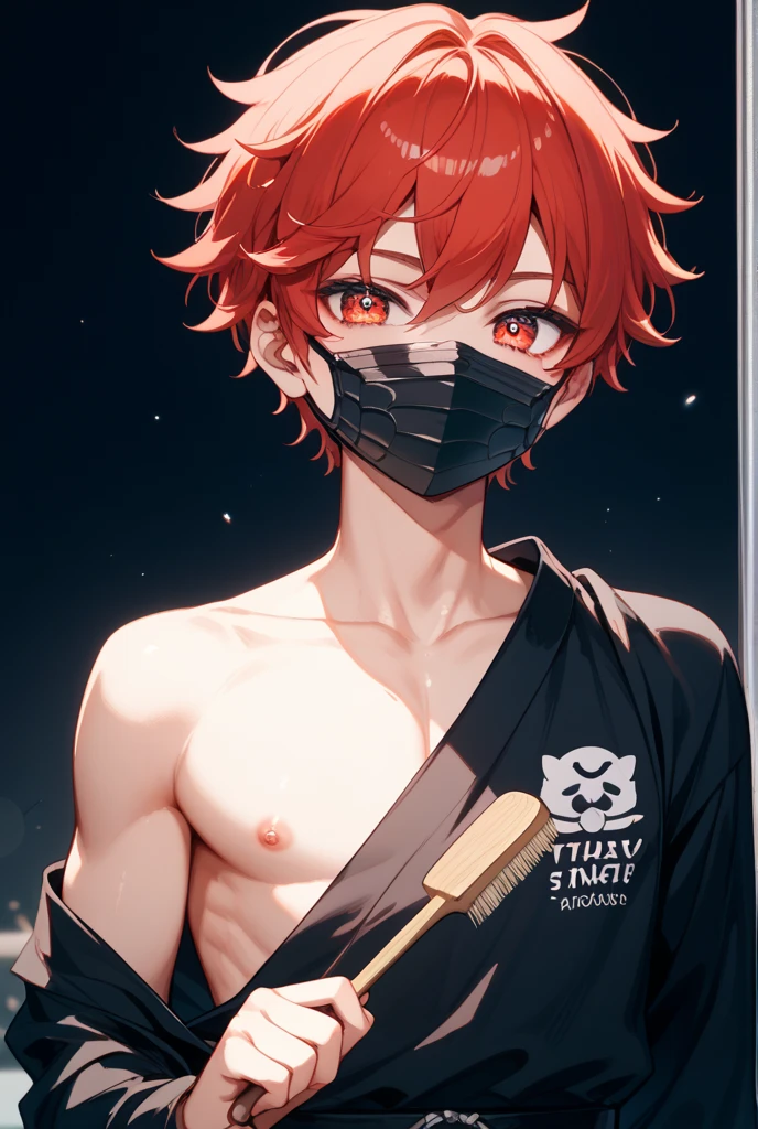 1boy, wolf ears, wolf tail, short fluffy red hair, red eyes, slim waist, ultra masterpiece, shirtless, sweatpants, living room setting, smile, big thighs, seductive, blush, wide hips