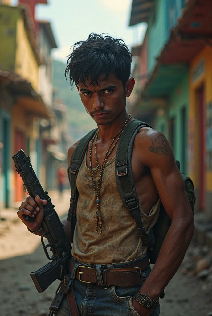 image depicting the favela, boy with a gun (ak47), shirtless boy, with scar, full body image, (extremely detailed CG unit 8K wallpaper, Artwork, best quality, ultra-detailed, hdr:1.2), in flip-flops, houses underneath one another, brick, mud floor, scar on the leg, house hallway.