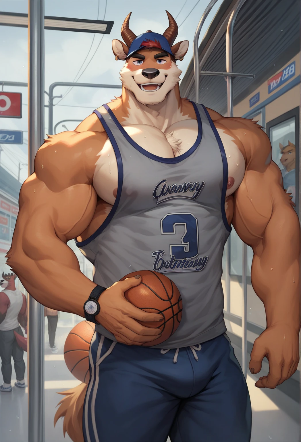 solo, 1boy, perfect anatomy, perfect proportion, smile, grinning, happy. Huge Muscular Old bear wearing basketball jersey ,(white shorts), view from side, pectoral, thick fur arms, huge hairy pectoral, wide pectoral, short white hair, red beard and hair, simple background, masterpiece, semirealistic:1.2, high detailed, 8k, high resolution, perfect center, full view. ((really big muscle, massive muscular, sixpack, thick arms, wide pectoral, super huge muscle, hyper muscular, over sized muscle, huge arms, big arms, huge pectoral))
