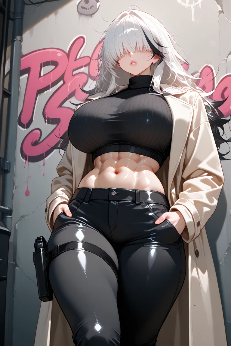 (hyper realistic), (illustration), (high resolution), (8K), (extremely detailed), (best illustration), (beautiful detailed eyes), (best quality), (ultra detailed), (masterpiece), (wallpaper), (detailed face), solo 1 girl, wavy blonde white hair, Russian, heterochromic eyes, wearing black leather pants with a nice belt with an iron buckle and jacket, round round breasts, long legs, protruding belly, toned abs, camel toes, dynamic pose. Photo from Standing in front in the corridor in detail, legs spread, sensual, attractive woman, sexy