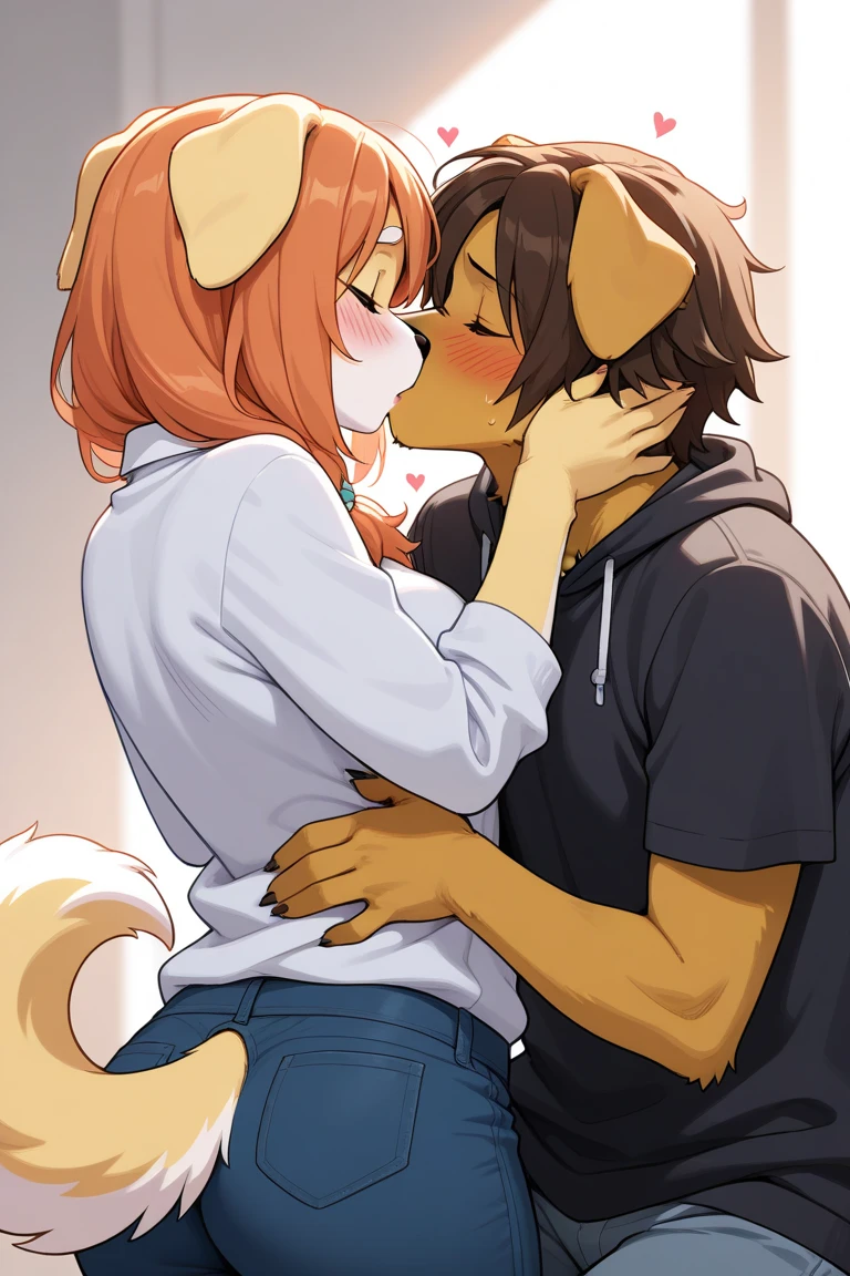 Duo, score_9, score_8_up, score_7_up, score_6_up, score_5_up, score_4_up, source_anime, kemono style, anthro furry girl, maned wolf, closed eyes, feminine, maned wolf tail, wagging tail, tail wag lines, tall, short brown hair, white highlights on hair, low ponytail, side locks, snout, tail wagging lines, nighttime, naked, wearing only black boxer briefs, long sexy legs, flat chested, kissing, embracing, she is kissing a faceless human male with shaggy brown hair, faceless human male is wearing only underwear, in a dark bedroom, nighttime, she is embracing and kissing human male, low angle shot