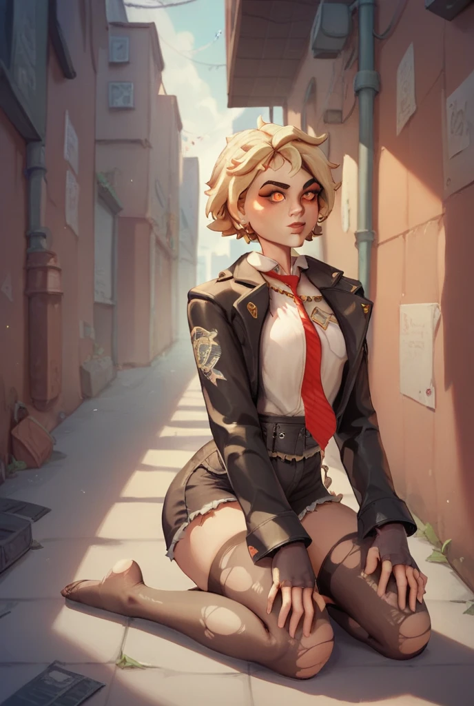 1girl, blondie, short hair, Orange Eyes, white shirt, black blazer, red tie, short shorts, bare thighs, kneeling, alley background, ripped stockings
