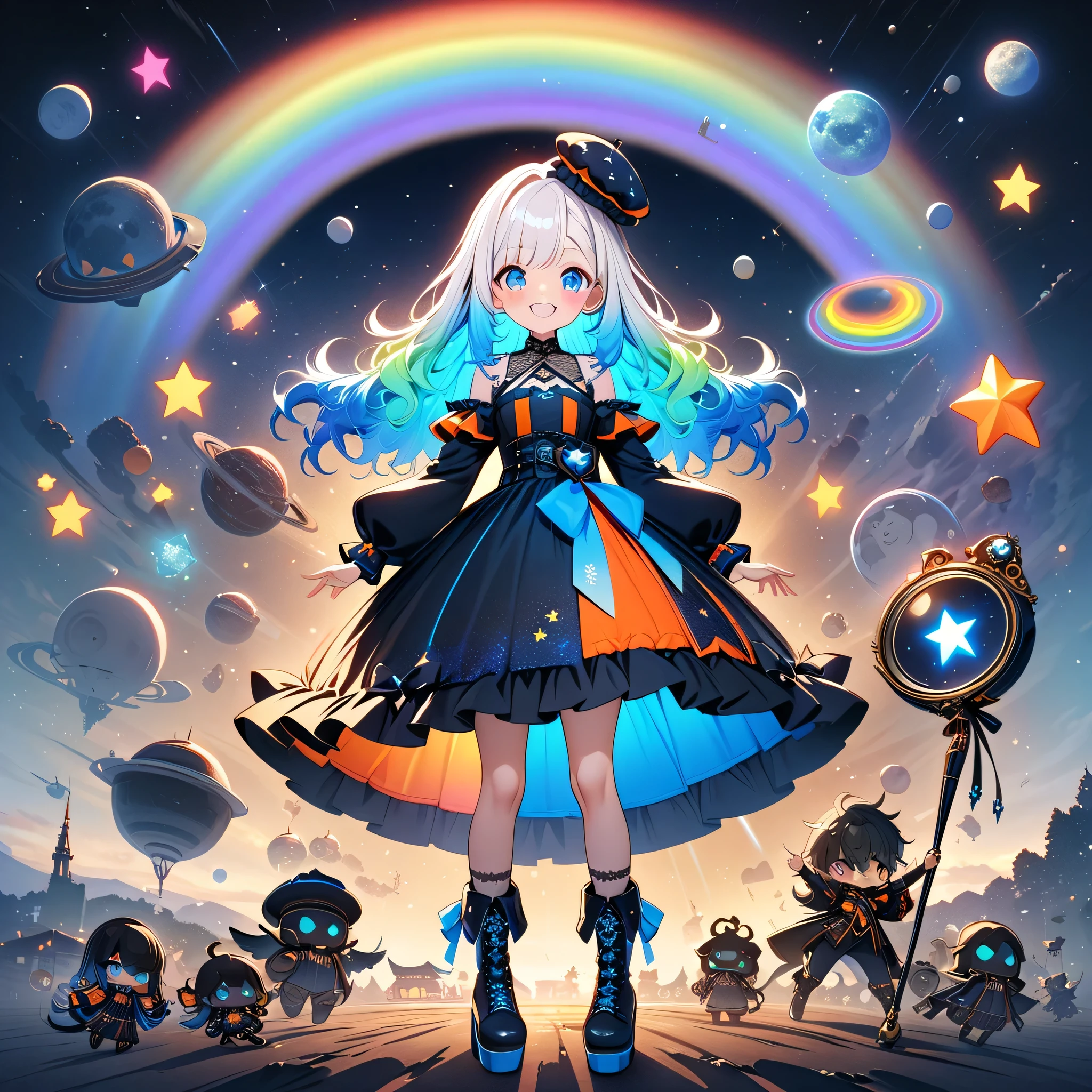 best details、CG、HHD、32K、Cute cute smile、facing viewers、character design sheet、1, cute, masterpiece, Lots of Decorations , High Quality, very detailed, 8k, magnifying glass , long hair, Straight Hair, Bang, gothic, frills, race, traditional pattern , Starフェアリー, Small Wings, Shoulders are exposed、(((milky white and blue gradient hair color))), unique and cute hairstyle, gothic ta kimono, long sleeve, Flared cuffs, dark navy blue and orange space pattern clothes, star-themed magic wand, Boots, sky blue image color, neon color palette, character design, space, Meteor Shower, Star, シューティングStar, Celestial Bodies, Rainbow , milky way, multicolor gradation eye, Star-shaped beret