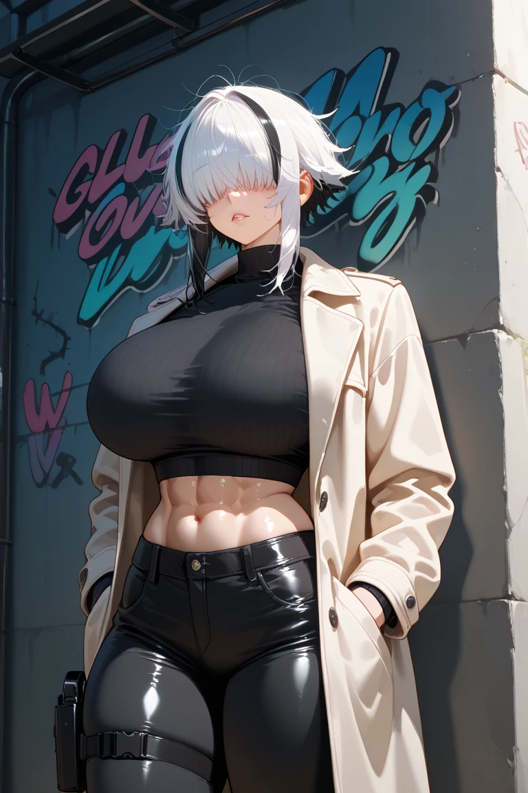 masterpiece, best quality, highres, 1girl, solo, short hair, white hair, hair bun, hair between eyes, colored eyelashes, aqua eyes, cleavage, sarashi, (big breasts: 1.8), bandages, black jacket, open clothes, long sleeves, midriff, belt, black pants, standing, cowboy shot, outdoors, (beach: 1.2), night