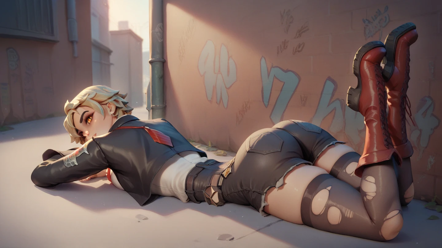 1girl, blondie, short hair, Orange Eyes, white shirt, black blazer, red tie, short shorts, bare thighs, lying flat on stomach, ass focus, alley background, graffiti on walls, ripped stockings, boots