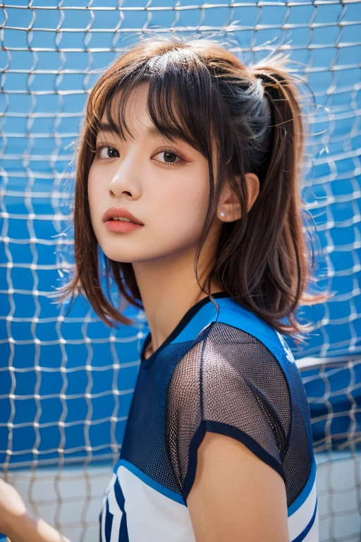 asterpiece, best quality, 1girl, profile face, stunning face, blue background, blurry,