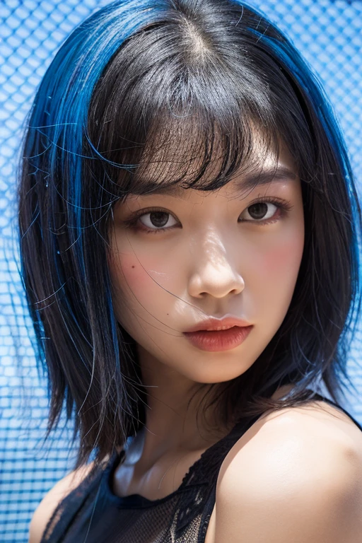 Girl with curly blue hair, black-eyed