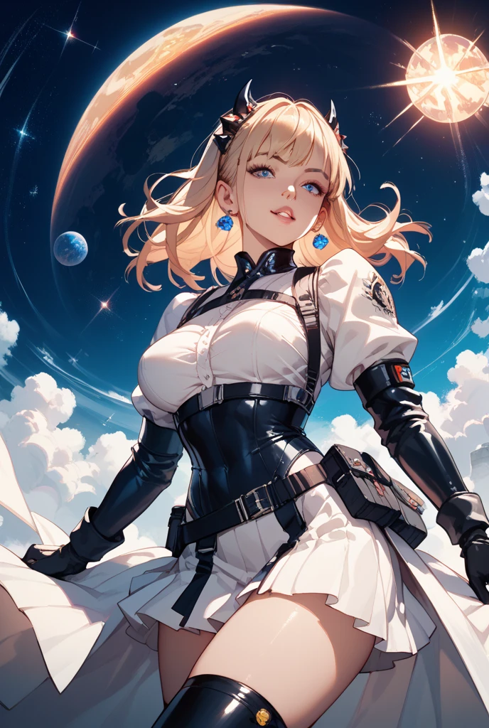top-quality、Top image quality、​masterpiece、girl with((20yr old、Best Bust、big bast、Bust 85,Beautiful red eyes、Breasts wide open,Valley、Blonde long hair、A slender、Large valleys、Slouching posture、Blue spacesuit with an open chest、Red short skirt、deadpan、Weightlessness)）hiquality、Beautiful Art、Background with((Lunar surface)),Depth((planet earth))masutepiece、visualart、depth of fields、