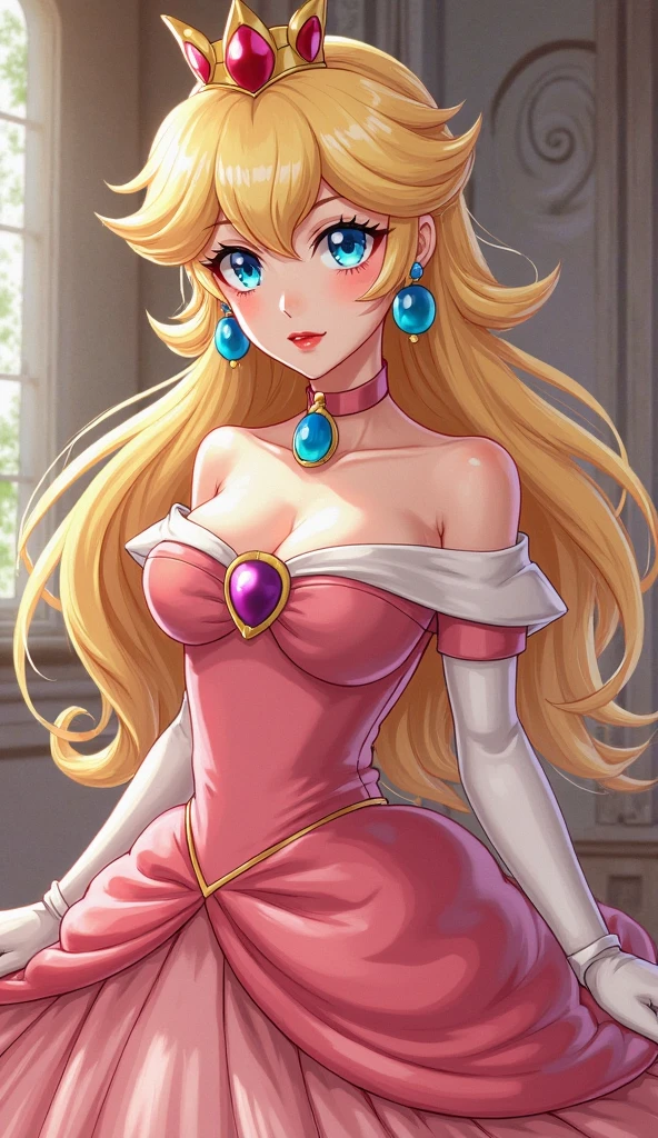 Princess Peach, olhos azuis, Vestido rosa e preto sexy, elegante, fundo preto, escorregadio, clivagem, coroa, lacy bra, seios enormes, blond hair, sedutor, sedutor, (2d anime bonito:1.3), Vixip, pastel background, design por Yusuke Kozaki, oil by Gregory Manchess; Surpreendentemente sedutora, Causador, Beautiful, hand draw illustration. altamente detalhado. Cinematic lighting. Por superequeno.pequeno