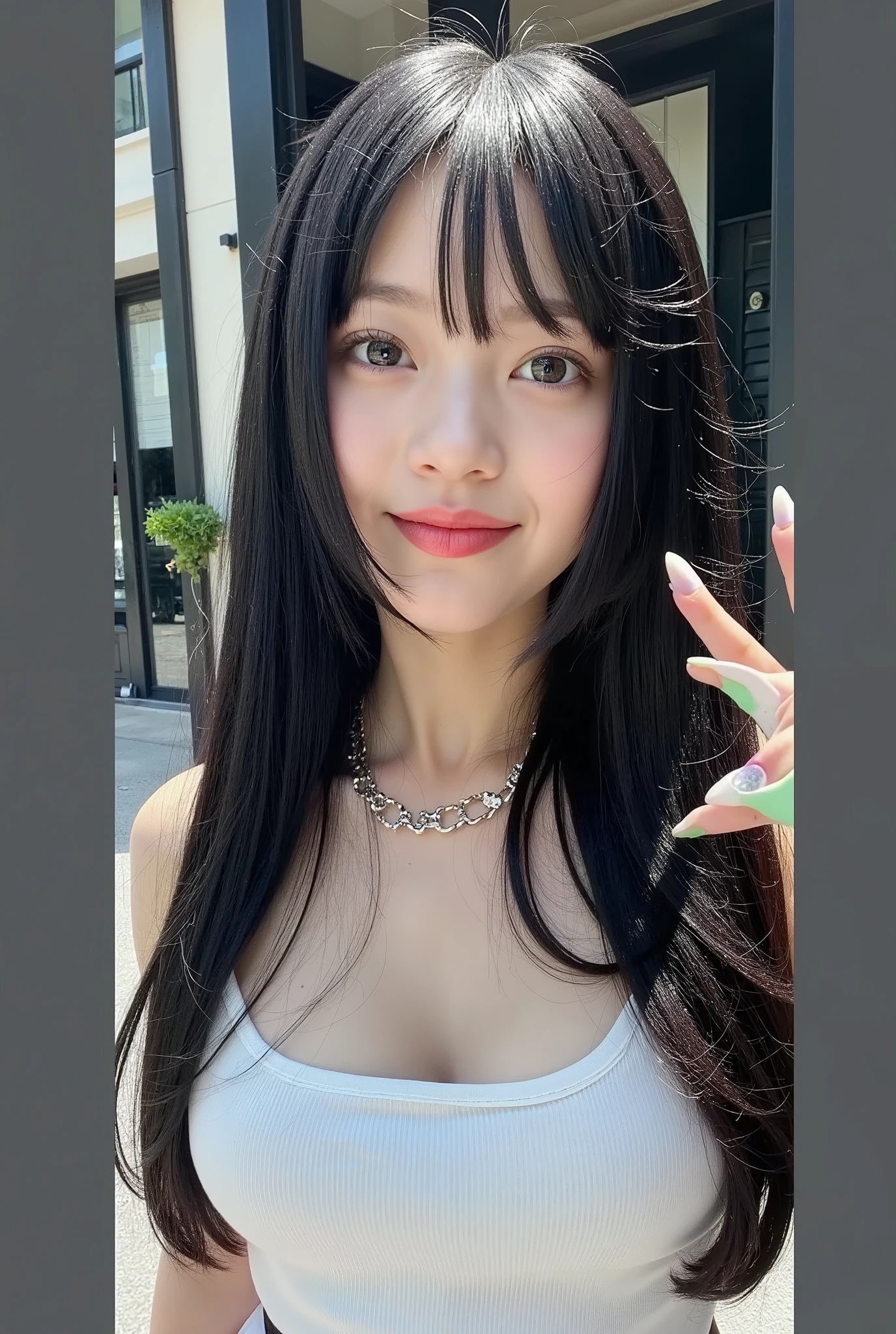 {{}},{High precision in selection},{{{{chestof上of顔of写真}}}},{{1 person18 of :Smile Yan:chest:Nipples}}、{Smile:big double eyelids:mascara: teardrop bags:}}、{{透けて見える白いタンクトップ-Nipples:1.8}}