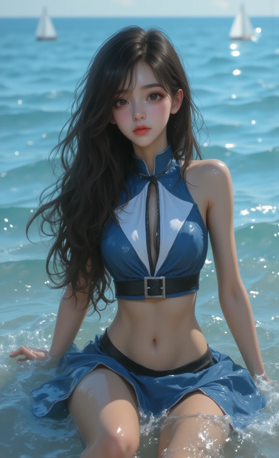 best qulity,The Masterpiece,anextremely delicate and beautiful,greatly detailed,CG,unified,8k壁紙,beautiful detailedgirl,(very detailled face),beautiful detail eye, 1girls,独奏,blur backgroun,half-body,at the sea,in a bikini,The chest is huge
