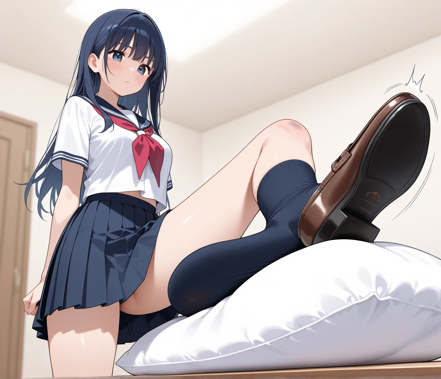 Sick high school girl in sailor suit in miniskirt in infirmary until midnight、a moon、stele