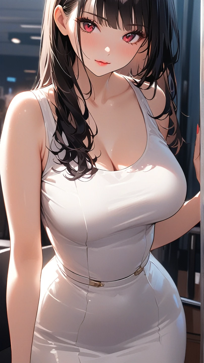 1female、makeup、skin-tight, Seductive eyes, mysterious expression, mature appearance, Attractive woman、A MILF,Waifu,Colossal tits、large cleavage、a miniskirt、Detailed background、Detailed people、Estrus woman、Invite a man、Dark cold lighting、Entrance to the apartment、the pose,Sweat,steam,Lower grade、doorway, bimbostyle