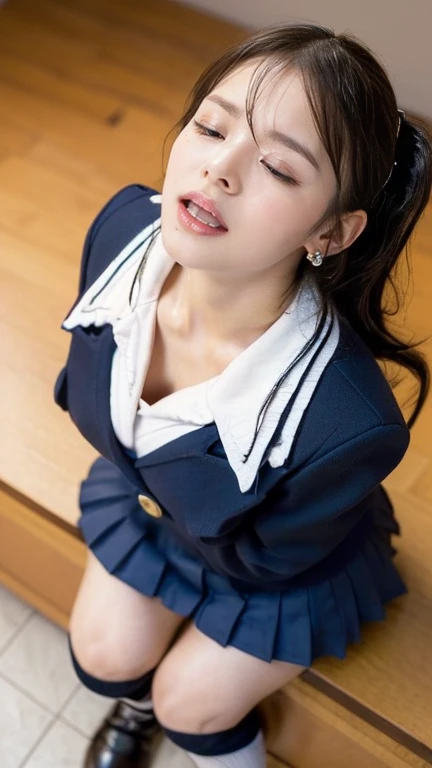She wears the cutest high school uniform in the world、25-years old、Sculpture model attracts, (1girl in:1.Hotos、Photorealsitic:1.4、Official art、ultra-detailliert、Beautiful and aesthetic、Beautiful fece、​masterpiece、top-quality、Poses that sexually provoke men、Inviting eyes、an ecstatic look on one's face、the buttocks are small、Colossal tits、Chest exposed、(barechested)、The cutest blazer in the world、the cutest blouse in the world、The cutest red ribbon in the world、世界で最もBeautiful fece肌、The cutest earrings in the world、The cutest checked miniskirt in the world、The cutest navy knee socks in the world、The cutest black loafers in the world、The cutest sleeping face in the world、The cutest gravure idol pose in the world、The most attractive body in the world、The whole body is shown、school classrooms、opening legs widely、Touching the thigh、Showing off the cutest pants in the world、((Normal bit、sleep on your back、insertion、Deep joy、severe pain、Ecstatic eyes:1.2）,(from side view:1.5）, despairing, I'm about to cry, exclamation、((panting heavily:1.2))、Ecstatic face、Climax expression、Look up、Staring at the ceiling、((Close your eyes, endure hard:1.5))