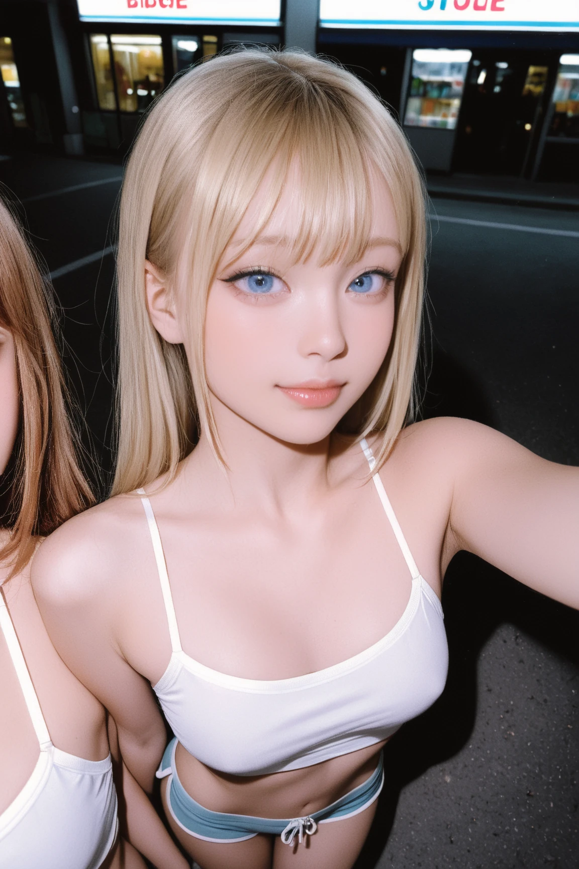 Cute white, cute, innocent, blonde 23 years old, ((thin)), (flat abs)), blush, (huge huge big: 1.4), (side boob), (under), pressed together, white skin, blue eyes, bikini, (((luxury liner)), take a selfie, Look at the camera, smile, fun, happiness, close-up, night,