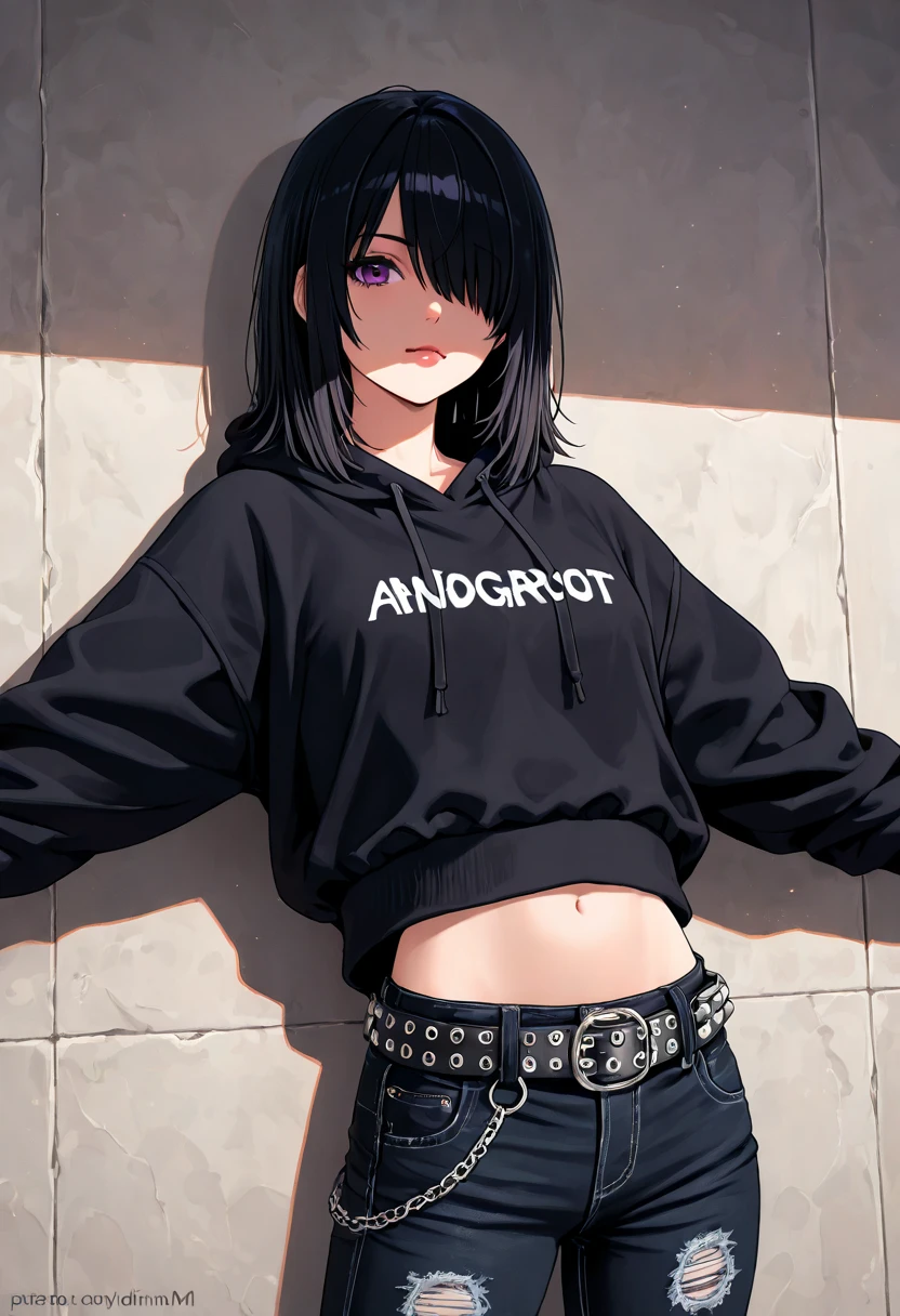 13 year old, Asian, glasses, pimples on cheeks, 1girl in, Young Girl, Anime style, skinny body, Anime young girl wearing crop top black hoodie, Skinny denim shorts, black long hair with hair clip, black eye color, Posed photos of her cute poses, Straight down the street of the tower, Anime Art Wallpapers, Detailed, 8K, High quality