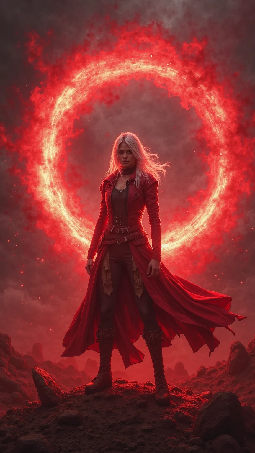 **Prompt em inglês:** *Frieren stands in the middle of an ancient cemetery under a glowing red pentagram circle etched into the ground. Red, pulsating energy flows intensely from the circle, emanating powerful mana that swirls around her. The energy invades two nearby graves, as tendrils of red light snake into the earth. Frieren’s pointed elven ears are visible as she focuses on the magic, her white hair and cloak fluttering in the growing storm. The sky above darkens, with heavy clouds swirling ominously, lightning striking in the distance. The entire scene is infused with red and dark tones, creating a dramatic and ominous atmosphere. Every detail is rendered in hyper-realistic quality, from the eerie red light enveloping the cemetery to the realistic skin textures, shadows, and dynamic storm clouds above.*