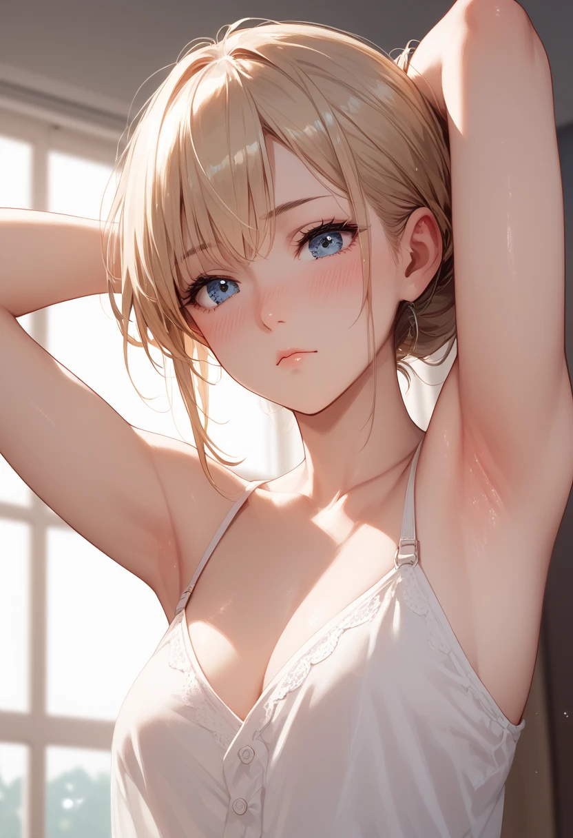Very detailed image 8k European junior high school girl Beautiful girl Blonde Short hair Small breasts Beautiful legs Blush Sweat flowing Outside Athletics Crawling on all fours Spreading legs as wide as possible White skin White dress Regretful expression Hair is very messy Rear view