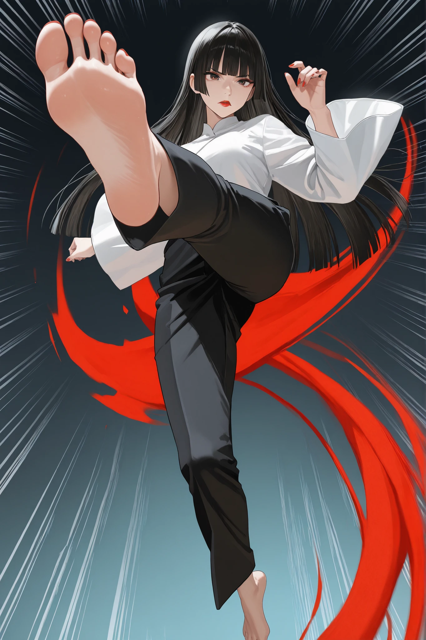 <lora:YorForger001:0.7>,solo,
YorForger,1girl,
short hair with long locks,
white hairband,
off shoulder,red sweater,
black pantyhose,
boots,
full body,
natural light,
high_kick,