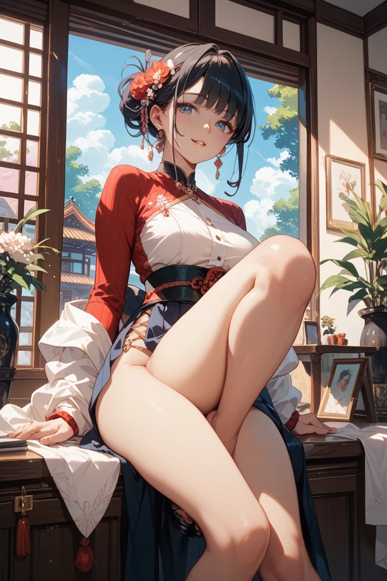 (((Round face))), Droopy eyes, smile, Mr.々Feminine casual dress with a simple pattern, (Squat down and spread your legs, Self-pleasure, Highly detailed, realistic textured panties), Strong sunlight, Braiding, Old Fashion, Angle from below,