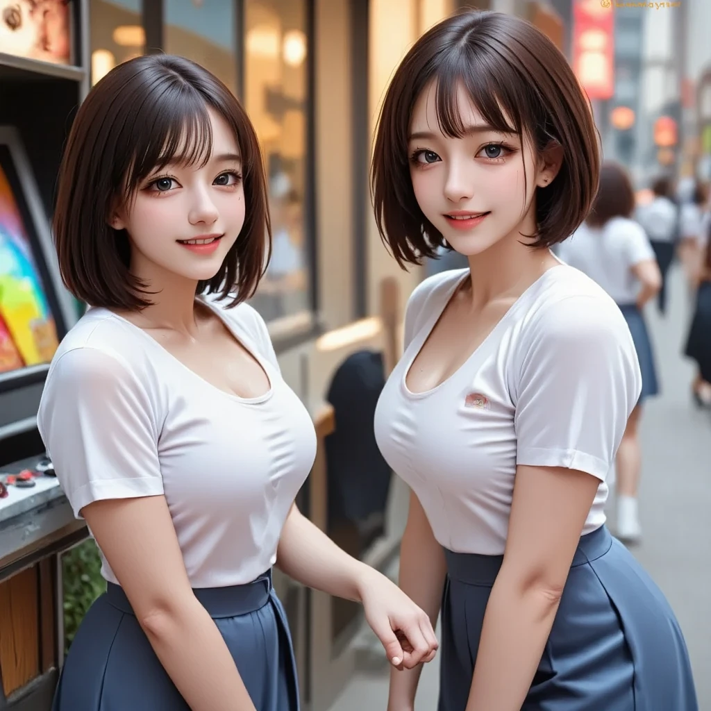 masutepiece、Ultra High Quality、Perfect Anatomy、hight resolution、2 girls in、(Face each other and press chest to chest:1.8)、((Shoot from above))、(((short-hair)、Beautiful black hair))、Young features、(Beautiful eyes、A detailed eye、drooing eyes、Natural eyes)、(ultra gigantic tits:1.8)、((Sitting on a bench))、Beautiful legs、((Closed legs))、((Hands between the legs))、(Chest between arms)))、((Overall:1.5))、hi-school girl、In the street、Daytime