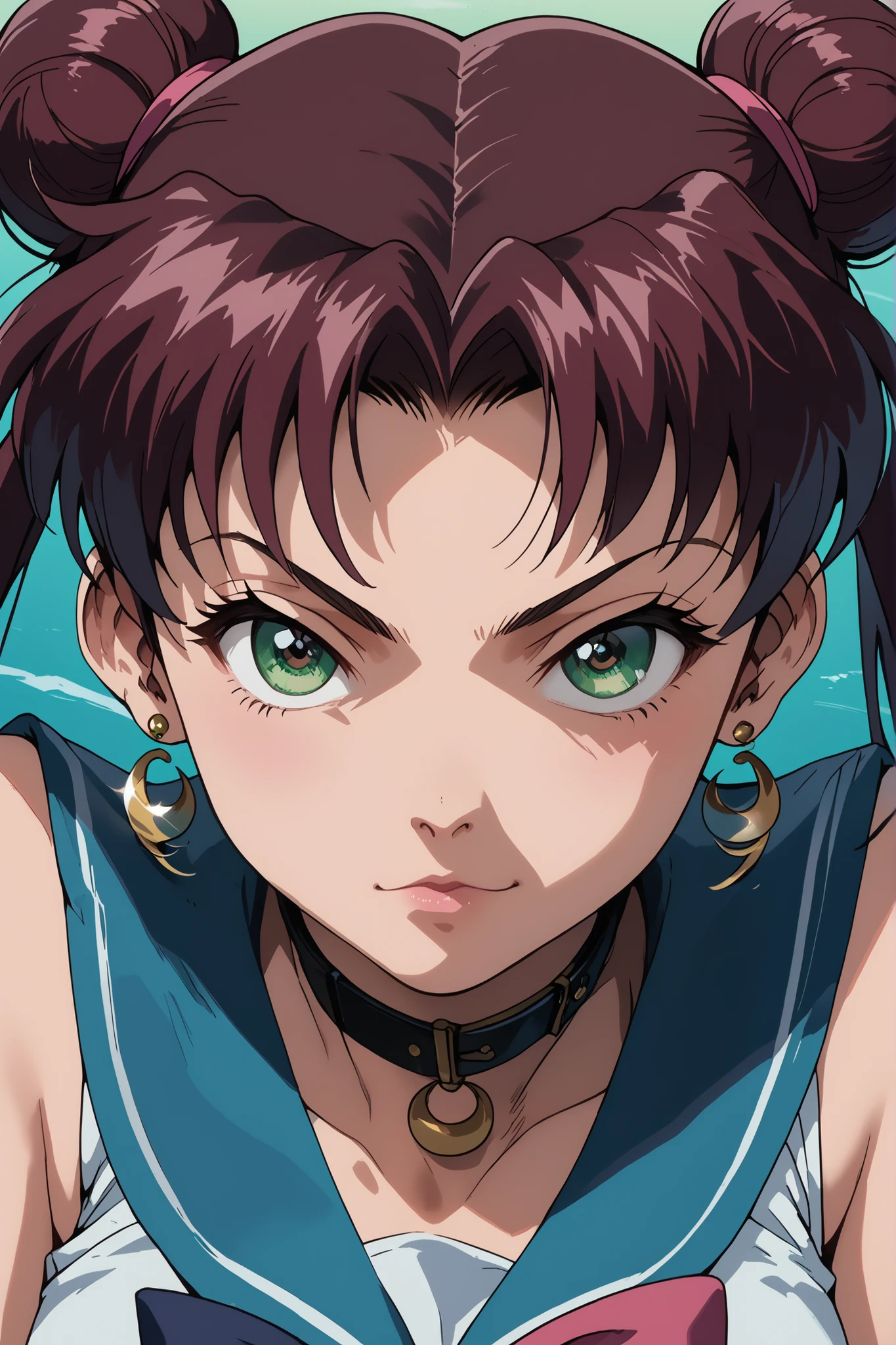 Dark-skinned teenage girl, anime style, Sailor Moon inspired, intense expression, focused gaze, bright green eyes, dark brown hair in two buns, pale cream/off-white top, Sailor uniform style with a bright, coral-pink bow, and light blue sailor collar. Close-up, perspective emphasizing face and upper body. Strong, assertive pose, looking directly at the viewer. Detailed shading and lighting emphasize the character's features. Bright colors contrasted with deep shades, creating a dramatic mood. Anime-style character design, bold lines, smooth textures, and vibrant colors dominate. Background includes muted tones, creating a clear focus on the main character. Semi-realistic depiction of skin and hair. Sharp, defined features; earrings with crescent moon design.