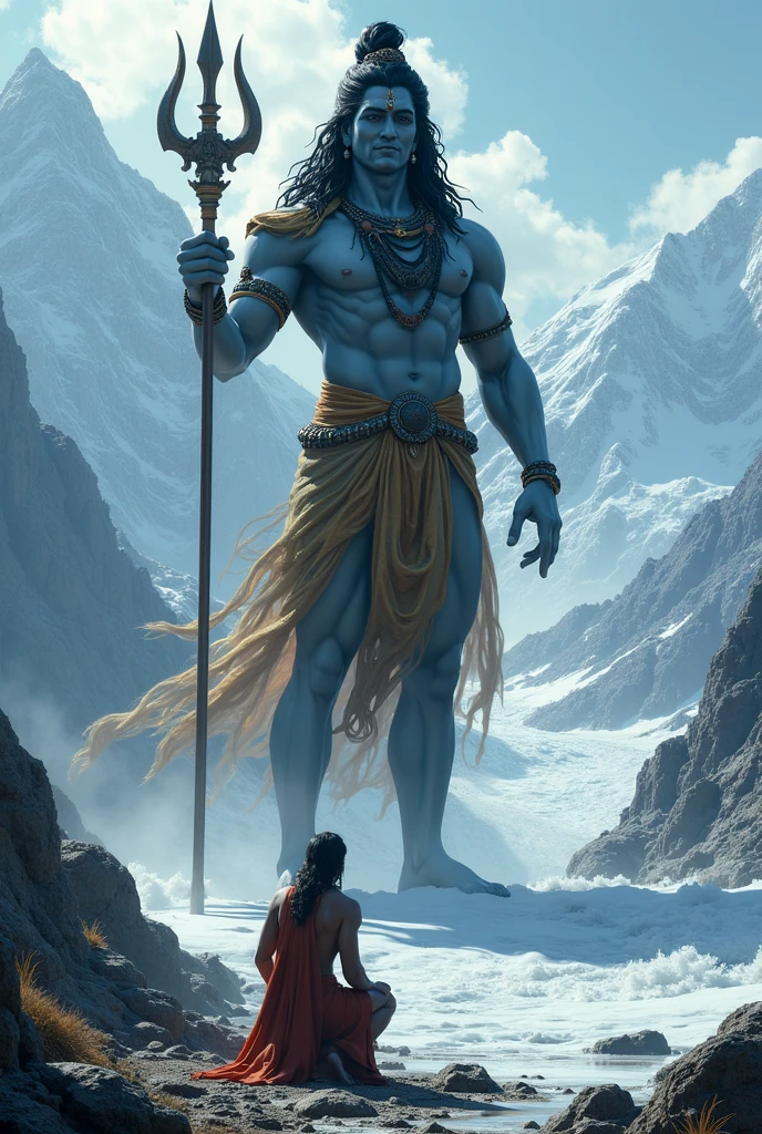 Mahadev God with muscle in kedarnath temple standing on top of ice berg in angry face fog and sunset