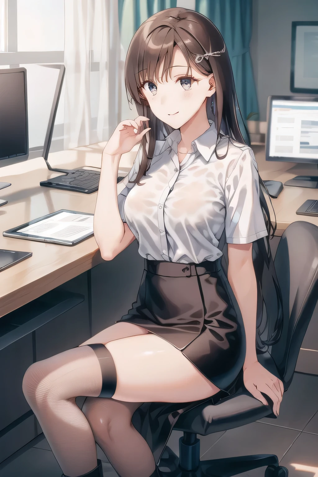wear a dark blue tight miniskirt，micro mini skirt up to the thigh，表情をもっと繊細にDraw it，accurate hand and foot expressions，face is absolutely necessary，long black hair，        beautiful smiling woman        ，，OLの制服をDraw it，NAVY BLUE SUIT          ，After a white blouse，draw a company clerical job，black high heels，big ，            beautiful smiling woman            ，会社の事務職をDraw it，long black hair，             wearing a white hair band             ，a cop wearing a miniskirt，face is absolutely necessary，accurate hand and foot expressions，fishnet tights，（Facial expression is very important, ，Your underwear shows through when wet，Big breastsをさらにBig breastsに描いて下さい，Draw it、Draw it your own expression，open her legs to see blue panties，Smile，Draw it a more delicate expression， white boots ， （（（OL Uniform））），（   0、Attractive Mature Woman、             stylish eyes {X} Draw it a more delicate expression），（After a white blouseの後で），（black miniskirt）（blue panties），I'll do it myself、 amazing，I need it for work、grimace，            5本の指を正確にDraw it           、is very important at work，， Inside the company ,             I'm nearing 40 years old、             stylish eyesをしたAttractive Mature Woman、             stylish eyes, ,   Big breasts, thin waist ， ,   ，I'll do it myself,   