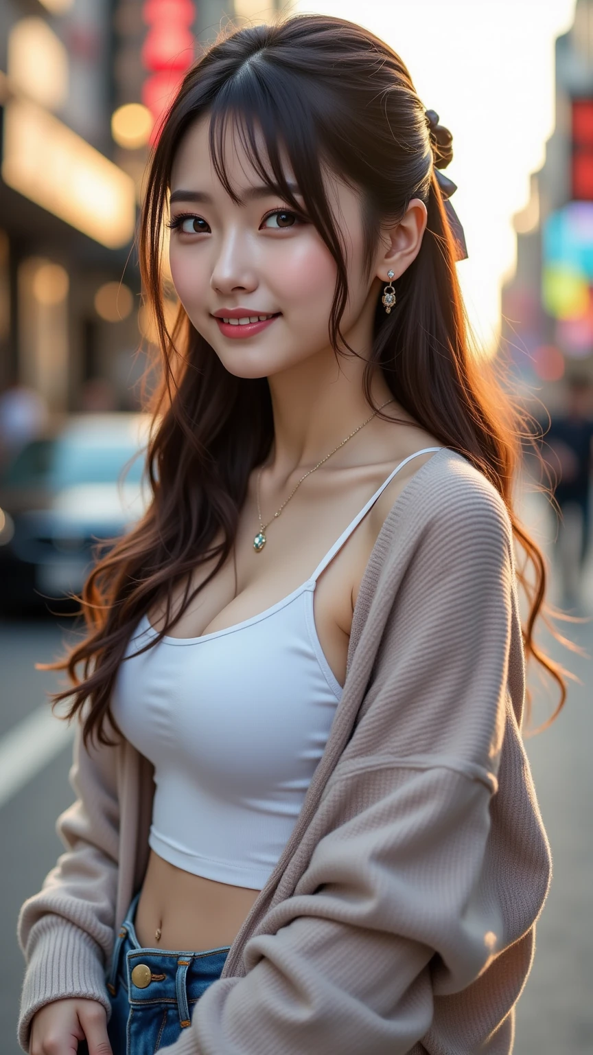 8k, masterpiece, RAW photo, best quality, photorealistic, extremely detailed CG unity 8k wallpaper, Depth of field, Cinematic Light, Lens Flare, Ray tracing, (extremely beautiful face, beautiful lips, beautiful eyes), intricate detail face, ((ultra detailed skin)), best quality, Masterpieces, Super high resolution, (photograph realistic:1.5), Original image, young beautiful girl in Japan, beautiful girl, smile, camera gaze, upper body, straight long hair, hair blown in the wind, shopping mall, neat clothes, big breasts, beautiful skin quality.