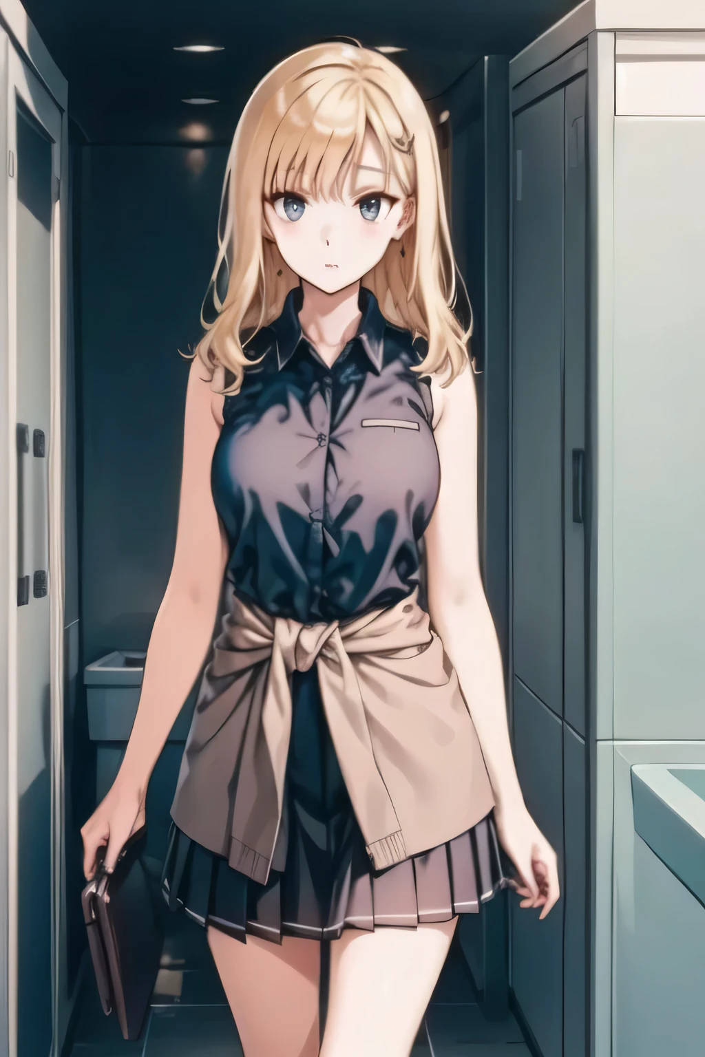 Please Become Blonde。dark blue pleated skirt,Please draw her expression more delicately,Walking Alone, city tour ,,(((she is dressed as a casual tourist))), ,(Let's draw a more delicate look),(sleeveless wool sweater),( Pleated Legs,white panties next to urinal),(That job is enough for 1 person {X} is very important for work)、 That's enough of a feat,Frown。unless work requires it。 {X}、 , Attractive 40-year-old adult woman jumps out of her uniform, Big black wavy hair, , Big breasts, thin waist , , ,