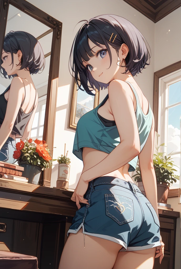 best quality, 1girl, masterpiece ultra detailed, illustration, glossy lips, indoors, standing, (hot short shorts, micro_shorts, bikini top), light smile, looking back at viewer