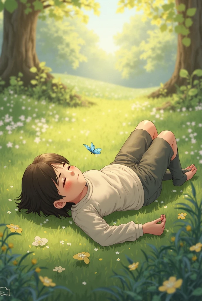 (super detailed) (excellent graphics) resplendent, grassy field with a single mystical tree, beneath it a young boy sleeping in simple clothes