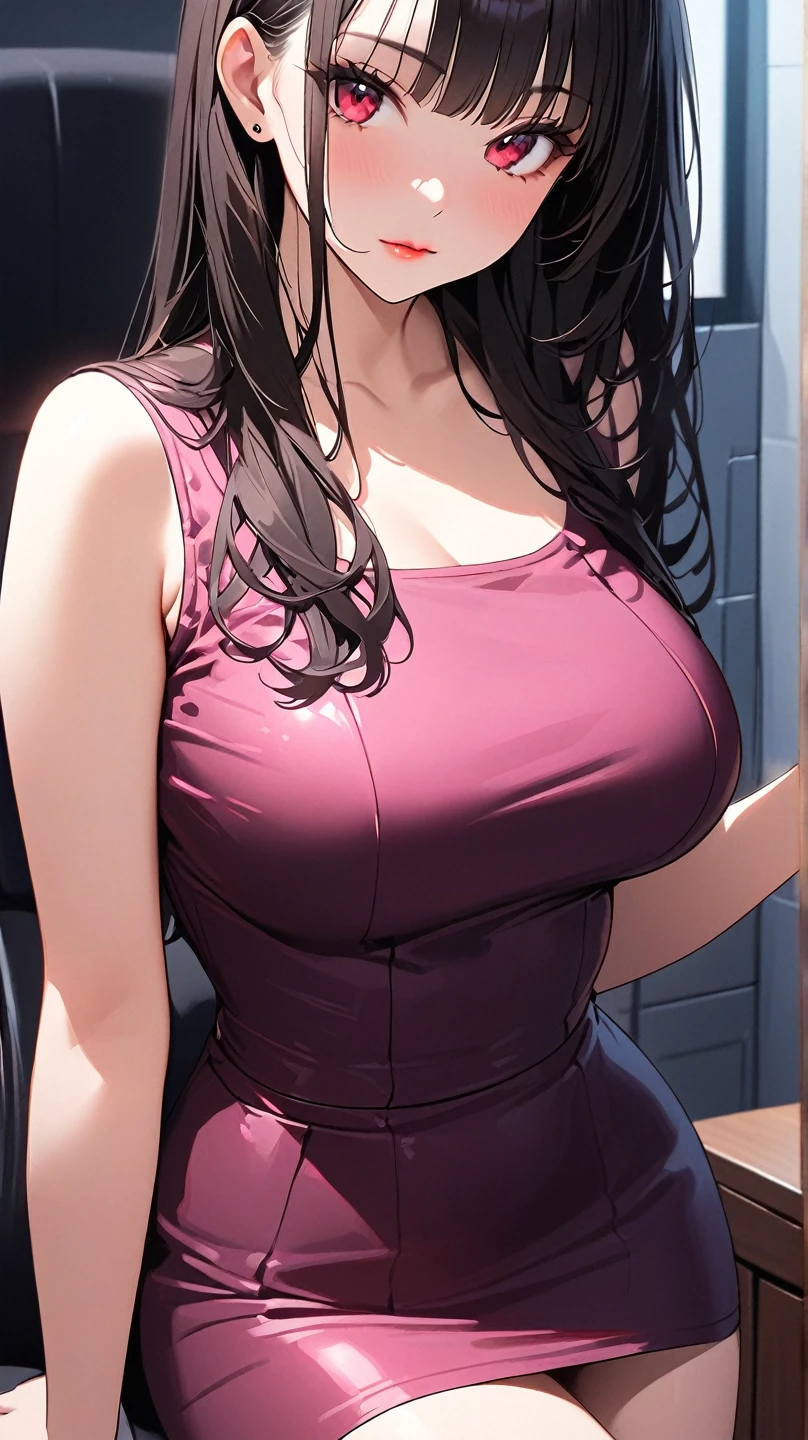 score_9, score_8_up, score_7_up, score_6_up, score_5_up, score_4_up, yu hee, brown eyes, black hair, long hair, large breasts, mature woman, 1girl, long_hair, blush, sweat, purple_eyes, brown_hair, collarbone, lips, purple_hair, smile, solo, wet, heavy breathing, dress, dress tug, jewelry, high heels, cleavage, night, city, outdoors, bag, holding bag,