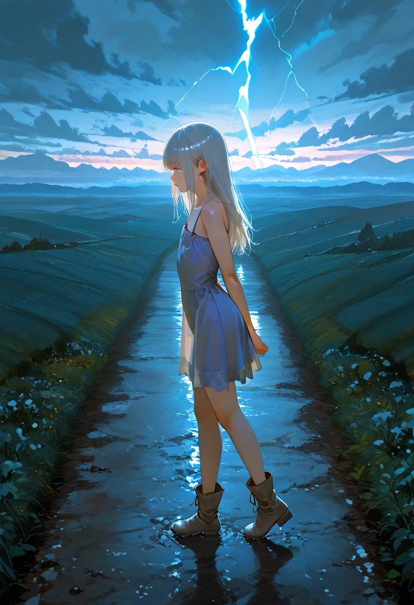 devastated scenery, gloomy atmosphere, rain, floating rocks, blonde girl in the center