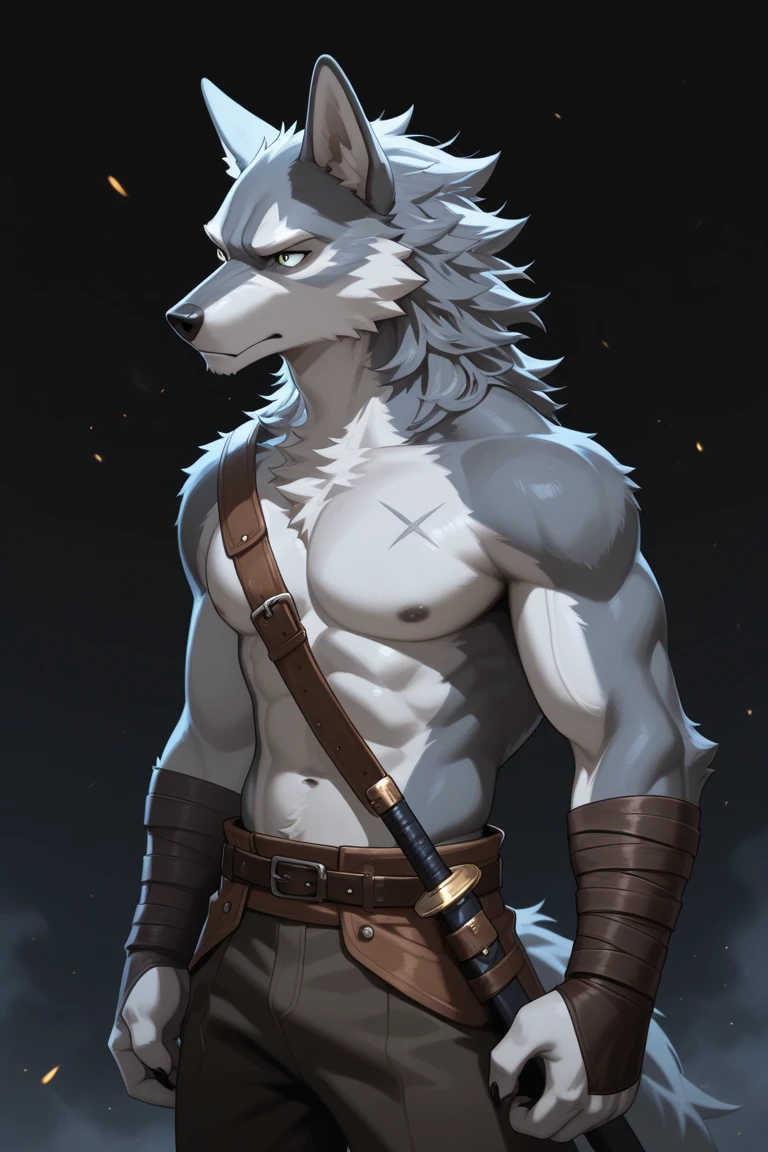 Anthropomorphic Gray Wolf,character setting,Dark color scheme,The face is more human-like,Smile,White loincloth