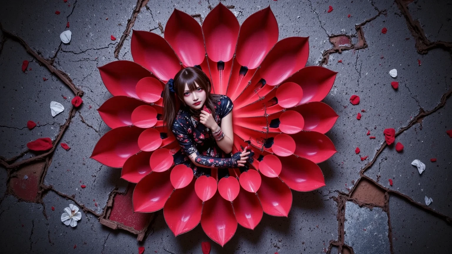 Dark night fog、Dark night fog、Dark night fog、Highest quality,Beautiful naked Japanese girl in a very elaborate red kimono、Spread your legs and show your vagina、(((((Red spider lily、red background))))