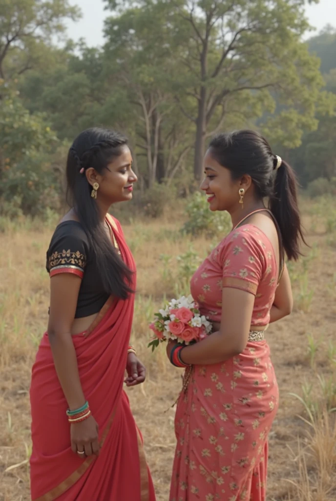Create a realistic photograph of a smiling and beautiful indian actress in silk sare is carrying a large stout man on her shoulders , in a paddy farm, man is sitting on top of her shoulders , man on top, woman standing at bottom