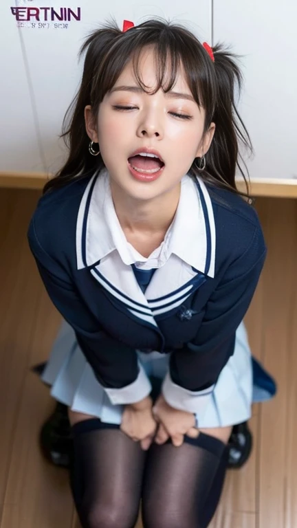 She wears the cutest high school uniform in the world、25-years old、Sculpture model attracts, (1girl in:1.Hotos、Photorealsitic:1.4、Official art、ultra-detailliert、Beautiful and aesthetic、Beautiful fece、​masterpiece、top-quality、Poses that sexually provoke men、Inviting eyes、an ecstatic look on one's face、the buttocks are small、Colossal tits、Chest exposed、(barechested)、The cutest blazer in the world、the cutest blouse in the world、The cutest red ribbon in the world、The most beautiful face、The cutest earrings in the world、The cutest checked miniskirt in the world、The cutest navy knee socks in the world、The cutest black loafers in the world、The cutest sleeping face in the world、The cutest gravure idol pose in the world、The most attractive body in the world、The whole body is shown、school classrooms、opening legs widely、Touching the thigh、Showing off the cutest pants in the world、((doggy style、Raise your buttocks high、insertion、Deep joy、severe pain、Ecstatic eyes:1.2）,(view from the above:1.5）, despairing, I'm about to cry, exclamation、((panting heavily:1.2))、Ecstatic face、Climax expression、Look up、Staring at the ceiling、((Open your eyes, endure hard:1.5)), （looking at viewer：1.1）