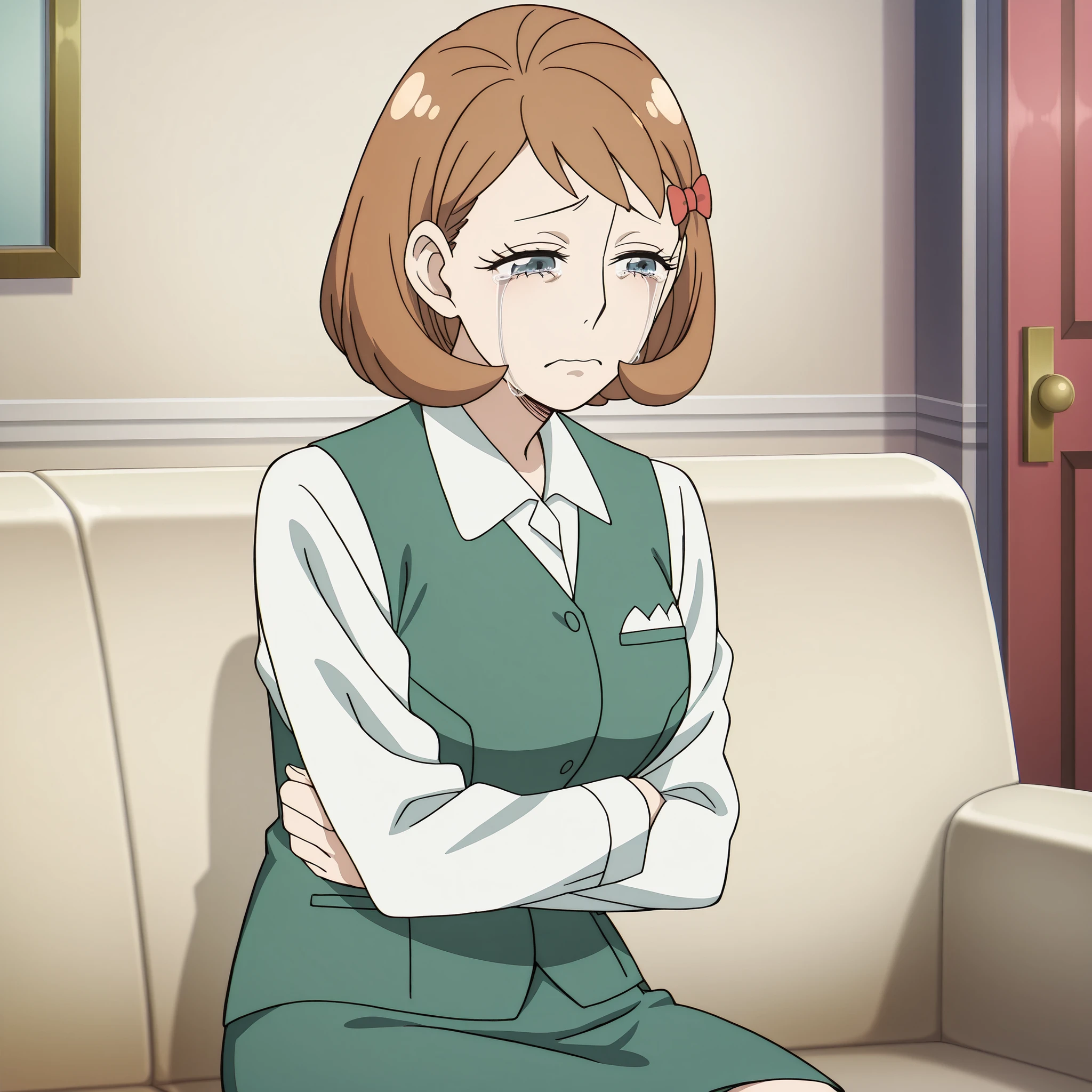 millie myers, millie (spy x family), solo, short hair, bangs, blue eyes, brown hair, hair bow, grey eyes, eyelashes, mature female, medium breasts, anime screencap, collared shirt, white shirt, green vest, green skirt, long sleeves, wrinkled clothes, sitting, living room, sofa, home, very sad, crying, arms crossed