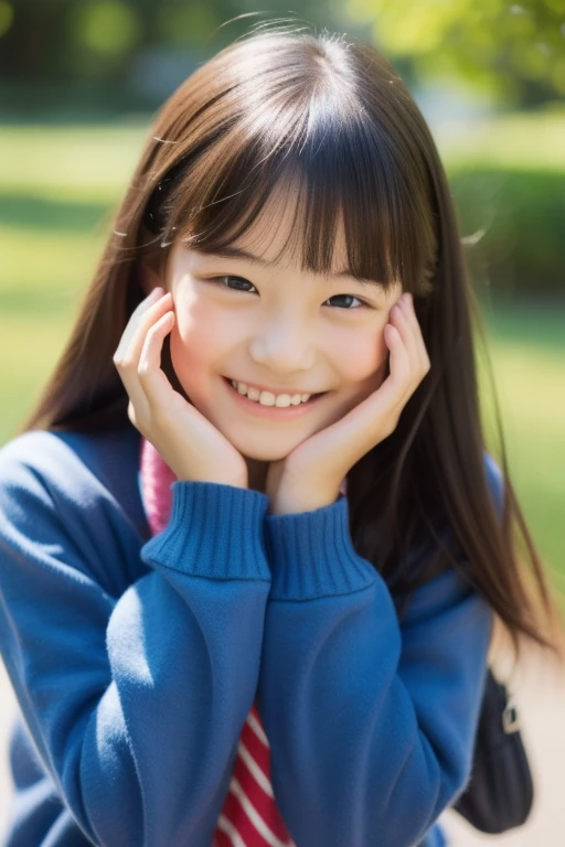 ((cowboy shot)),Ultra-high resolution,big eyes,((brown eyes)),Japanese,(forehead),(a girl),(1 girl),((17 years old)),(cute),pretty,((facing at viewer)),arms behind back,grin,((black school sailor uniform)),pleated skirt,thighs,classroom