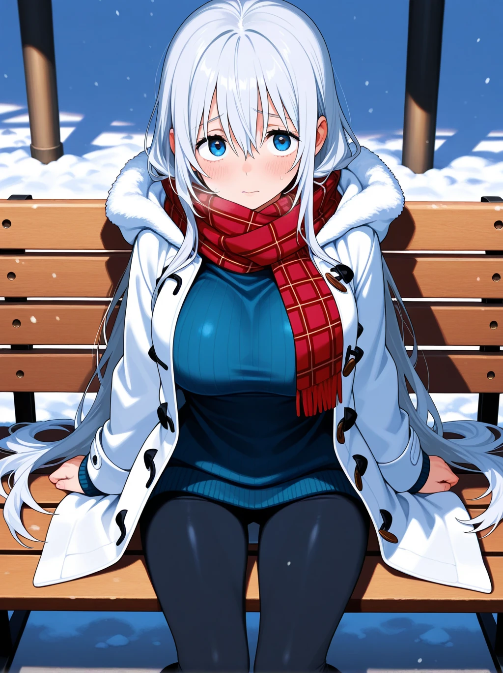 (masterpiece:1.2, best quality), 1girl, petite, young teen 12yo, slim, colorful down jacket, (white panties), long hair, smile,sitting in street cafe, spread legs, winter, snow, white, bright, watercolor
