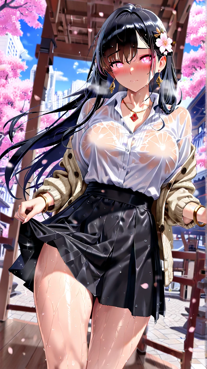 NSFW, nude, cute woman, beautiful, hot spring,cherry blossoms、blue sky、 ((( big breasts))),(((beautiful breasts)))、 (((erect nipples))), (((upturned nipples))), ,(((Angle seen from below))), (((upturned nipples))),Peeing、 pussy、clitoris、spread legs、(((black hair))), long hair、、panic、blush、purple eyes、thin、、side ponytail、butterfly hair ornament