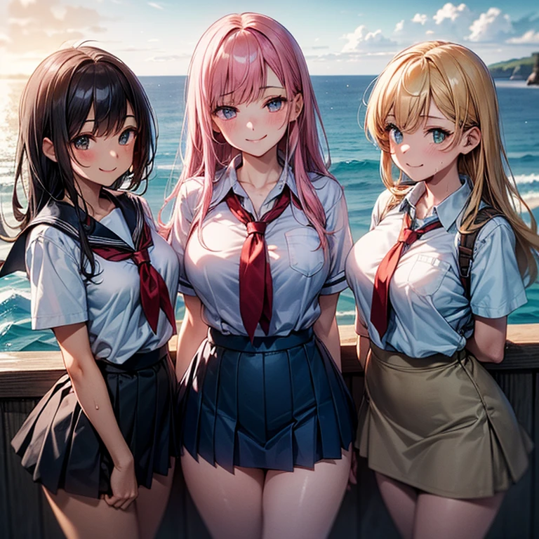 (8K、RAW photo、highest quality)、detailed background、beautiful and detailed face、beautiful and smooth skin、skin texture、professional lighting、beautiful teenage girl、(three women)、(huge breasts: 1.2)、

cute sailor suit、Pleated mini skirt with tartan plaid pattern、side pony、ponytail、cute hairstyle、ニーhigh socks、high socks、
selfie、school trip、laughing、smiling、sexual expression、sydney、Australia、Opera House、harbor bridge、darling harbor、bondi beach
、You may also take photos with the famous landmarks and symbols of your travel destination.
