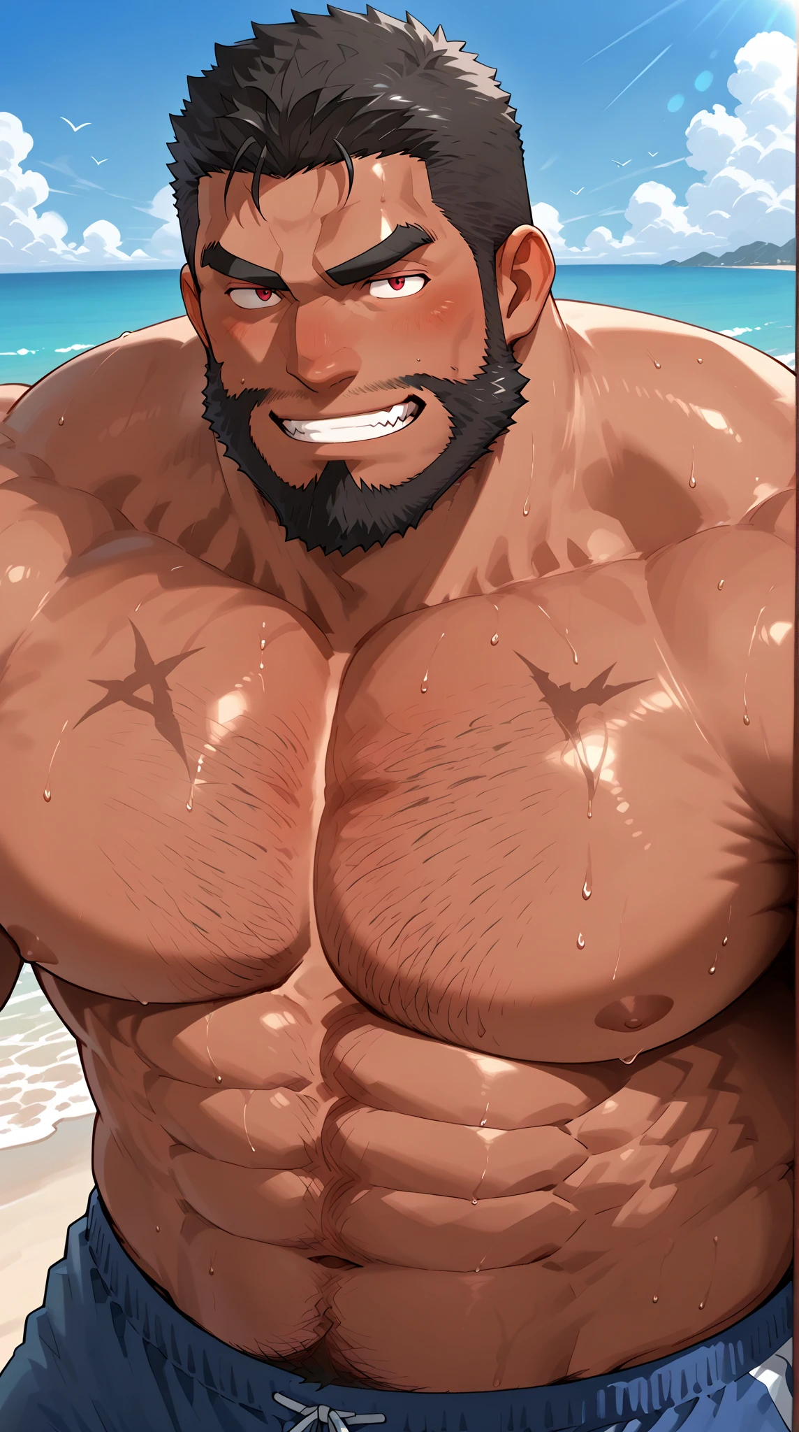 score_9, score_8, score_7, 8K,masterpiece, detailed, source_anime, (hyperdetailed face),(Ultra-detailed eyes)、 {{masterpiece, Best Quality, Highly detailed}}、(Detailed: 1.2), (Very detailed and beautiful: 1.1)、illustration, 40 yo daddy, gay, bara, solo male, mature male, muscular, dark skin, blond hair, manly, gaudy, soft smile, pierced earrings, crew cut hair, tongue piercing, Yankee, beach, sexy men's swimwear