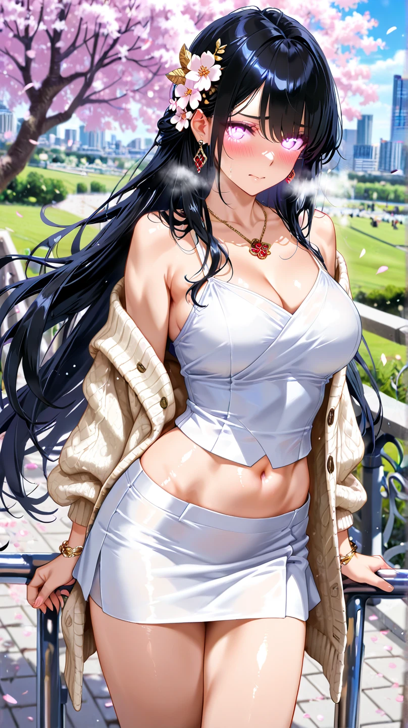 masterpiece, best quality, 1girl, solo, looking at viewer, <lora:EPinKagome-13:0.7>, EPinKagome black hair, brown eyes, detailed background, anime coloring, anime screencap, 2000s \(style\), asymmetrical, mountain, dawn, (dynamic pose), fur coat, iridescent panties, jewelry, necklace, bracelet, ring, loose socks, half-closed eyes, smile