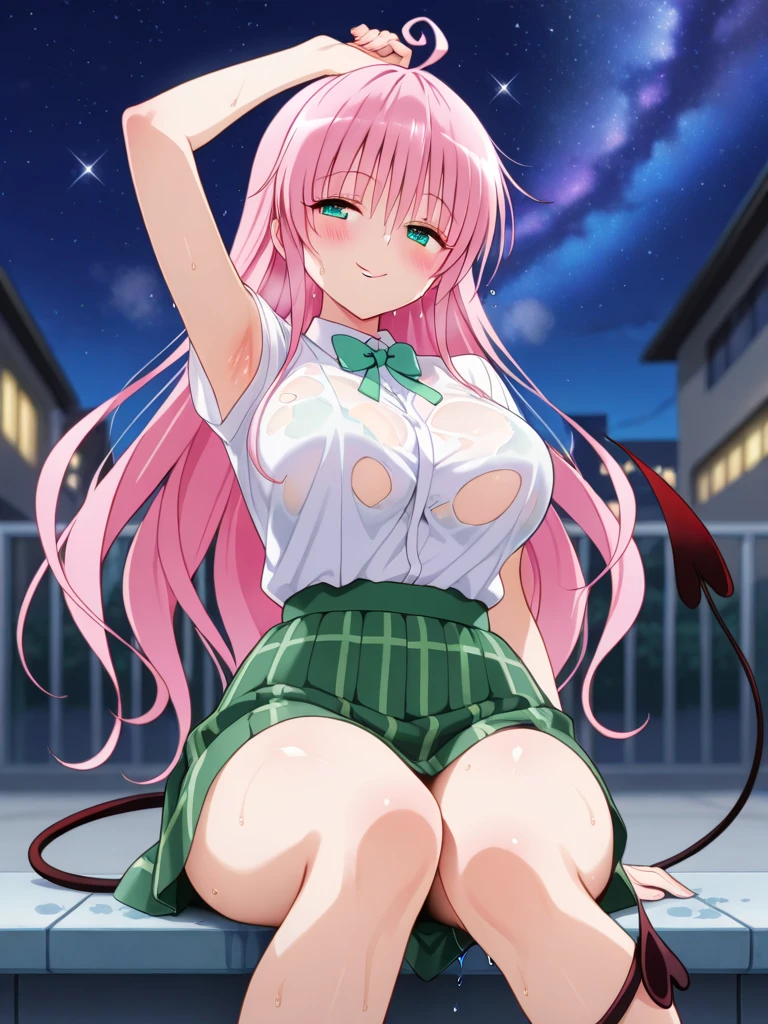 Laradevi Luke, Lara Deviluke, Long Hair, Pink Hair, tail, Ahoge, bangs, hair ornaments, (Green Eyes:1.5), smile,blush,Big Breasts,
break demon tail, Cordo shoulder top,Long skirt,Stiletto heels,The sun is setting,Sunset,evening,Sitting on the steps in the park,whole bodyがイラストに入るように,
break outdoors, 公園
break looking at viewer, whole body,
break (masterpiece:1.2), highest quality, High resolution, unity 8k wallpaper, (shape:0.8), (beautiful detailed eyes:1.6), extremely detailed face, Perfect lighting, extremely detailed CG, (Perfect hands, Perfect Anatomy),