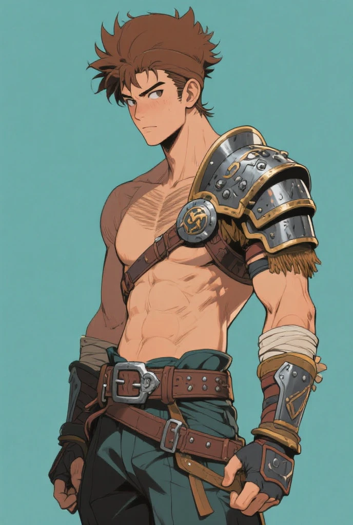 Man, male, hispanic, latino, handsome, slim, robotic right arm, dark brown hair, long hair, haur in a bun, scar across left eye, barbarian, medieval, jetstream sam, smiling, cocky, anime.