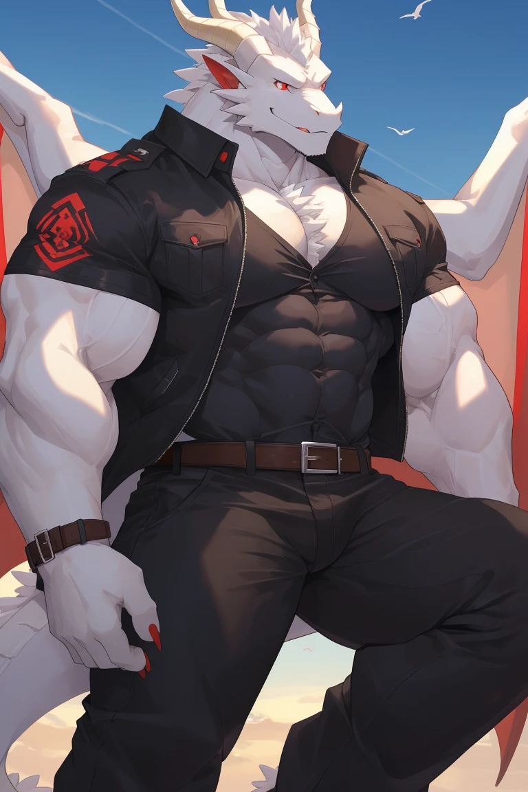 best quality, 4k, male, 1boy,  billy, (((Back))) A teen (standing, full body. tanned skin, silver white hair, short hair bangs that fall on both sides of his, mask, young man, alone, marked muscles, beautiful musculature, aesthetic stretch marks, inspiring physique, slender muscles, square pecs, beautiful V-cone, excellent abs and torso, chiseled abs, pectorals chiseled, perfect massive muscles, inflated muscles, voluminous pectorals, massive muscular body, a huge gigantic chest with a narrow waist, huge shoulders, ridiculously well-shaped large pecs, eight chiseled abs, (very toned and huge) with his military haircut and voluminous neck, narrow waist. Teen muscular young bodybuilder with extraordinary and firm back, chiseled muscles, rhomboid muscles, latissimus dorsi. Gigachad. He wears a red leather jacket (RED JACKET) that reaches the height of his ribs and is open. (Bare torso) and tight black latex pants, he does not use a belt. He is shirtless under his red jacket, which highlights his prominent abs and pectorals. He doesn't wear a belt. His muscles stand out. Ruins of greek temple background. Standing, full body. (((Back))) huge, firm and muscular thighs, round buttocks and round butt with back, huge ass ((firm buttocks)) with big butt. (((black latex pants))) (((Exposed muscular torso. Open red jacket.)))