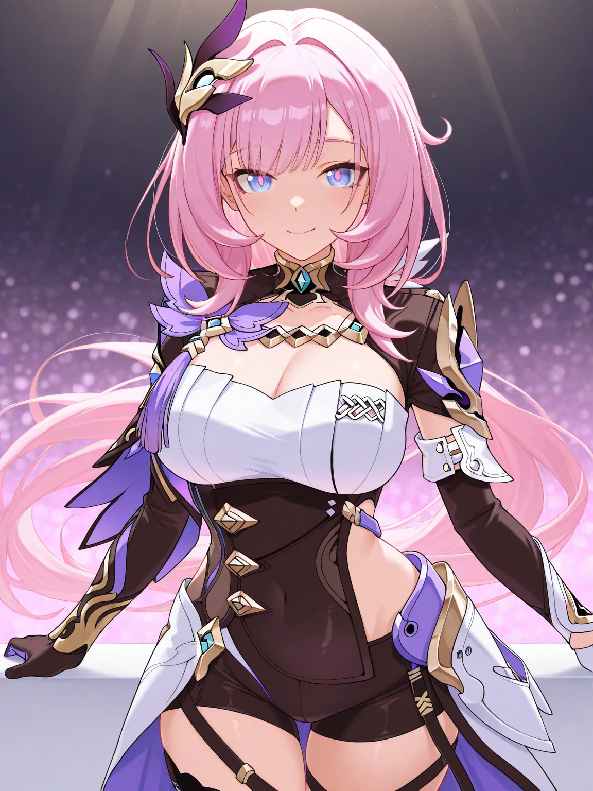 (Unity 16K Original Character Wallpaper, Masterpiece, Best Quality, Ultra Detailed, Extremely Detailed CG, Caustic, Cinematic Lighting, Detailed, Beautiful Detailed Purple Eyes, Sexy Lonely Woman), Mature Woman, Tall, Mid 20, blonde (golden) hair, tied (ponytail), from the front, ultra high resolution, thin skin, (wearing a purple dress, oriental dress, with gold details), (strong light), large busts, perky breasts, big ass, oily skin, Curby :1.2, , sexy woman, smiling, upper body, background, universe, portal, stars, Milky Way, standing, front